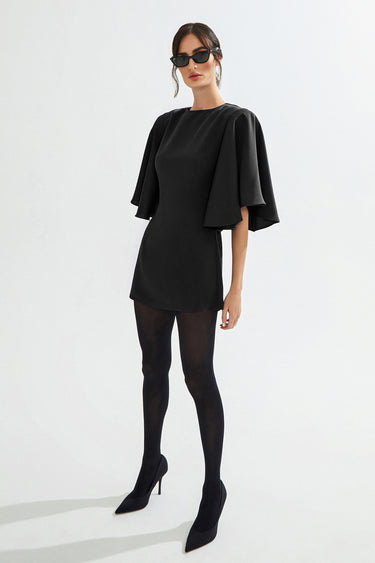 MARIAN Pelerin Detaylı Mini Saten Siyah Elbise