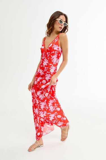 COLINE Çiçek Desenli Kırmızı Midi Elbise