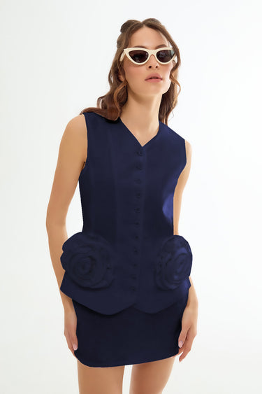 PETITE Rose Detailed Linen Navy Blue Vest