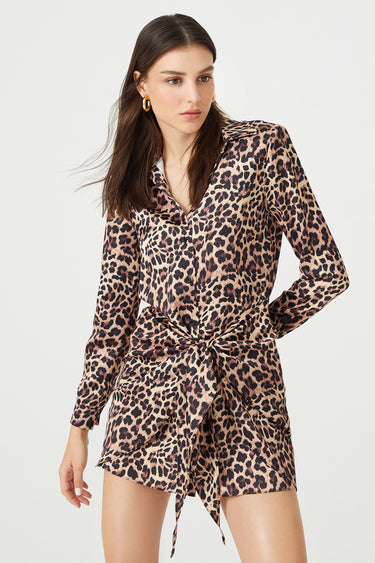 PORTA Saten Leopar Mini Gömlek Elbise