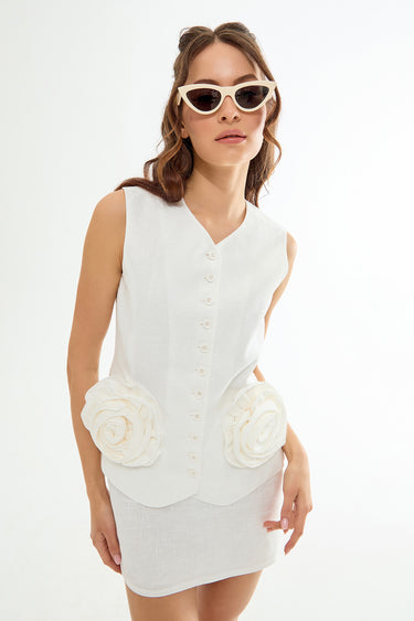 PETITE Rose Detailed Linen White Vest