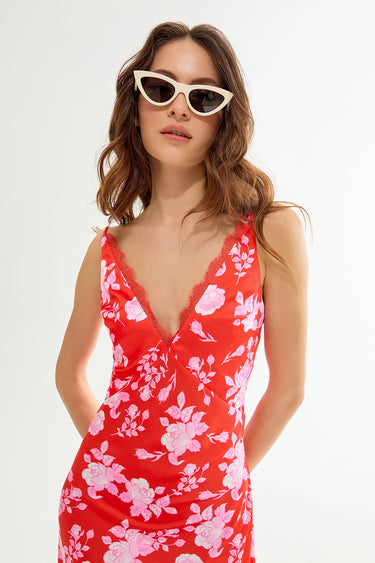 COLINE Çiçek Desenli Kırmızı Midi Elbise