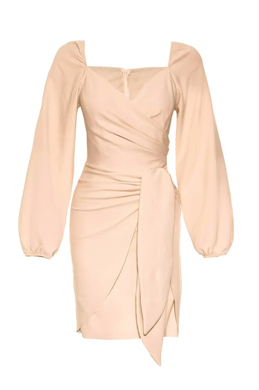 Beige Crepe Long Sleeve Mini Dress