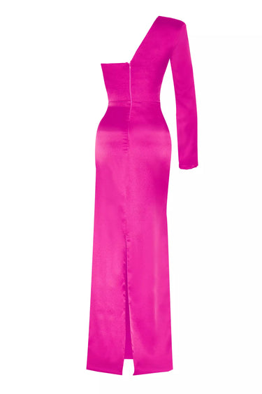 Fuchsia Satin One Arm Long Dress