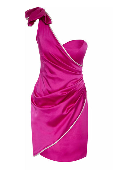 Fuchsia Satin One Arm Mini Dress