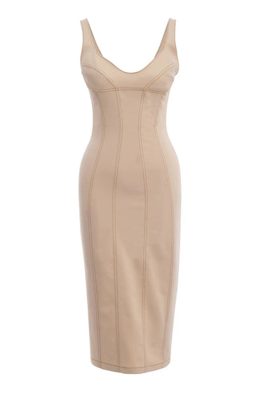 Beige Kot Sleeveless Midi Dress