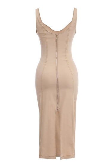 Beige Kot Sleeveless Midi Dress