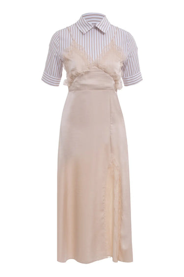 Beige Satin Short Sleeve Midi Dress