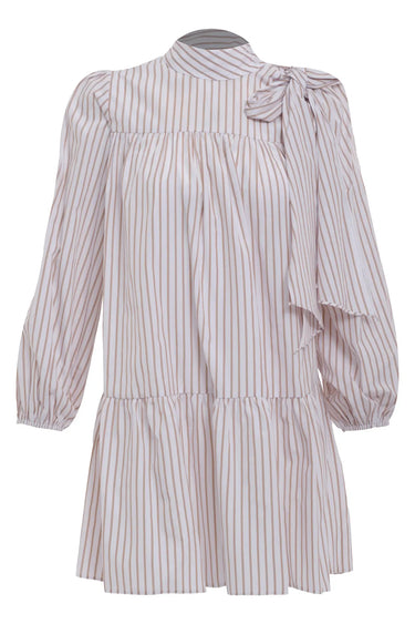 Beige Poplin Long Sleeve Mini Dress