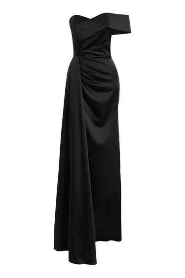 Black Satin One Arm Long Dress