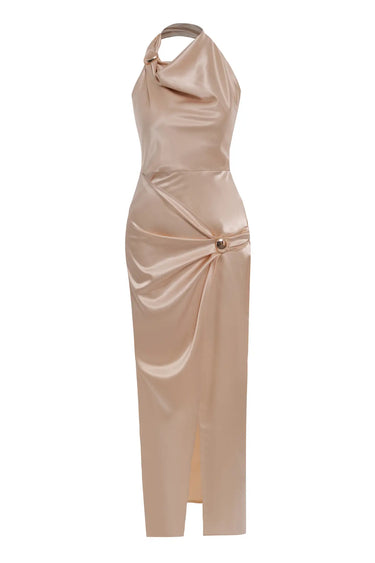 Beige Satin Sleeveless Long Dress