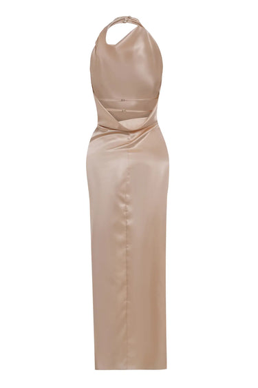 Beige Satin Sleeveless Long Dress