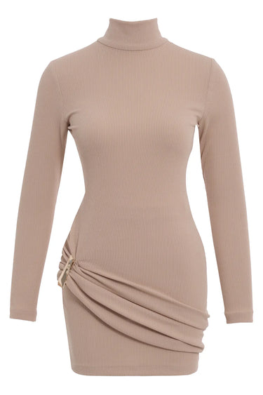 Beige Long Sleeve Mini Dress