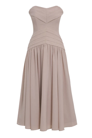 Beige Crepe Strapless Long Dress