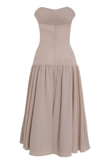 Beige Crepe Strapless Long Dress