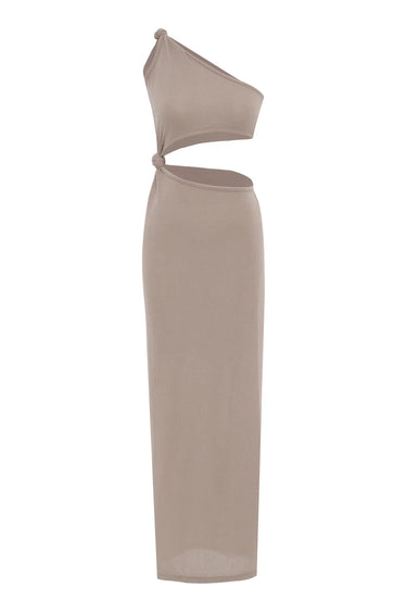Beige Knitted One Arm Midi Dress