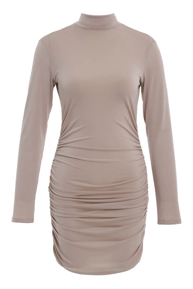 Beige Sendy Long Sleeve Mini Dress
