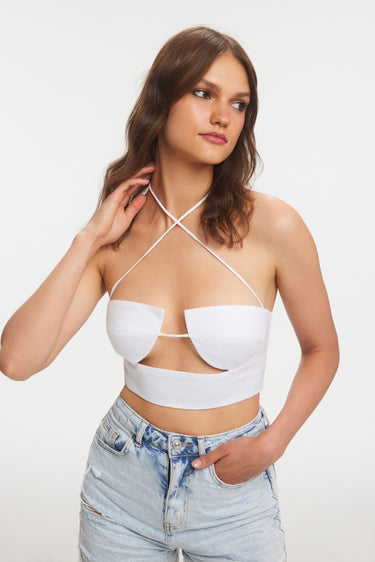 ELENA White Crop Top With Linen Handles