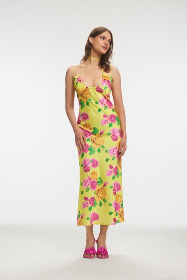 ROWEN Pleated Yellow Floral Print Midi Dress