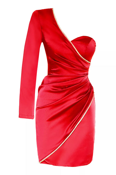 Red Satin One Arm Mini Dress